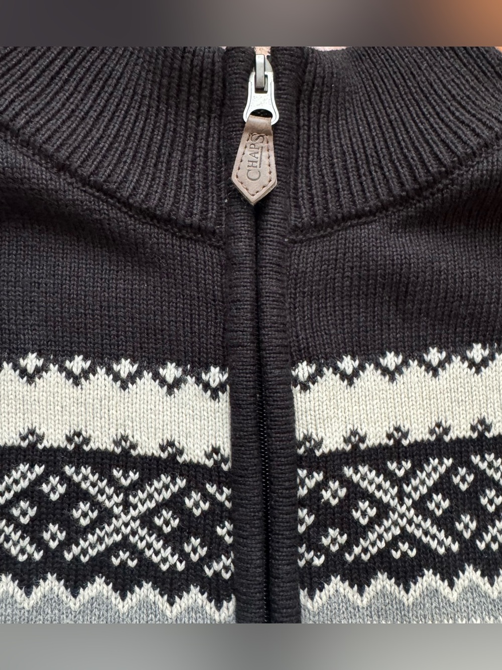 Chaps Mens 2XL Full Zip Christmas Sweater NWT Black Snowflake Mock Neck Cotton - Picture 9 of 14